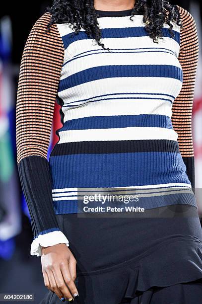 Jessica Williams, fashion detail, walks the runway at the Opening Ceremony fashion show during New York Fashion Week at Jacob Javitz Center on...