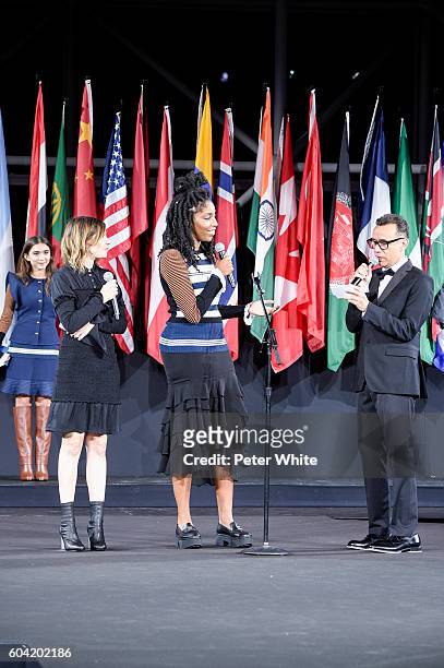 Jessica Williams, Carrie Brownstein and Fred Armisen speak onstage during the Opening Ceremony fashion show during New York Fashion Week at Jacob...