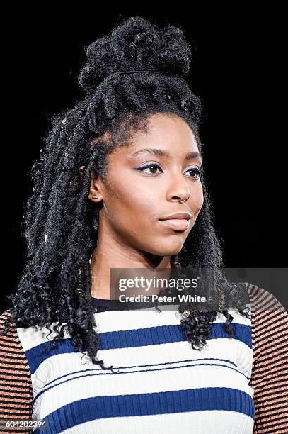 Jessica Williams, beauty runway detail, walks the runway at the Opening Ceremony fashion show during New York Fashion Week at Jacob Javitz Center on...