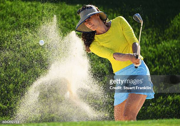 Maria Verchenova of Russia plays a shot during practice prior to the start of the Evian Championship Golf on September 13, 2016 in Evian-les-Bains,...