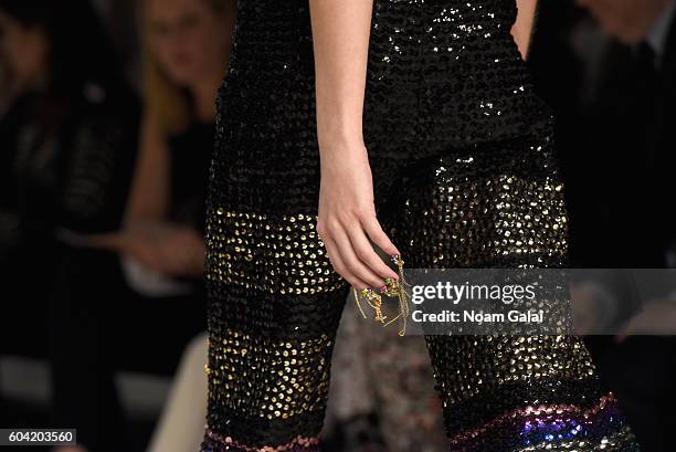 Model walks the runway at Libertine Spring/Summer 2017 fashion show during New York Fashion Week at The Gallery, Skylight at Clarkson Sq on September...