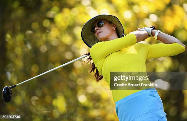 Maria Verchenova of Russia plays a shot during practice prior to the start of the Evian Championship Golf on September 13, 2016 in Evian-les-Bains,...