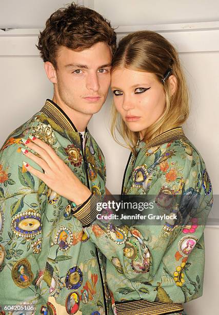 Models prepare backstage at Libertine Spring/Summer 2017 fashion show during NEw York Fashion Week on September 12, 2016 in New York City.