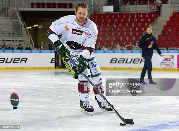 Drew LeBlanc of the Augsburger Panther in action during the DEL Stars and Skills Event at the ISS Dome on September 13, 2016 in Duesseldorf, Germany.