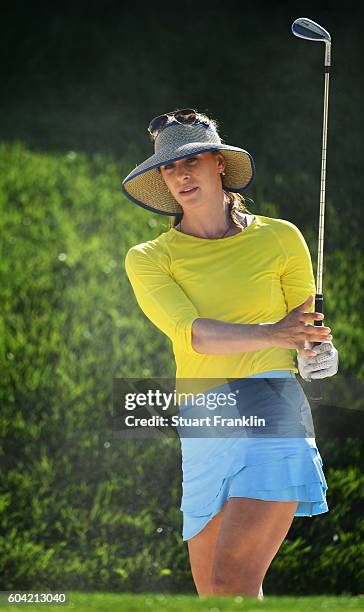 Maria Verchenova of Russia plays a shot during practice prior to the start of the Evian Championship Golf on September 13, 2016 in Evian-les-Bains,...