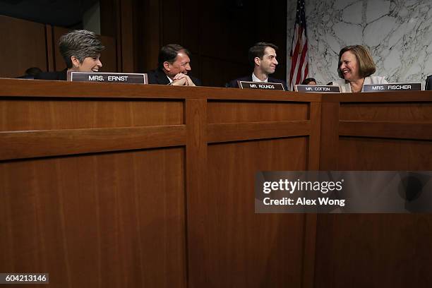 Sen. Joni Ernst , Sen. Michael Rounds , Sen. Tom Cotton , and Sen. Deb Fischer chat prior to a hearing before the Senate Armed Services Committee...