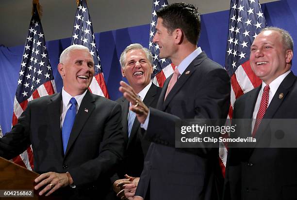 Republican vice presidental candidate Gov. Mike Pence joins House Majority Leader Kevin McCarthy , Speaker of the House Paul Ryan and House Majority...
