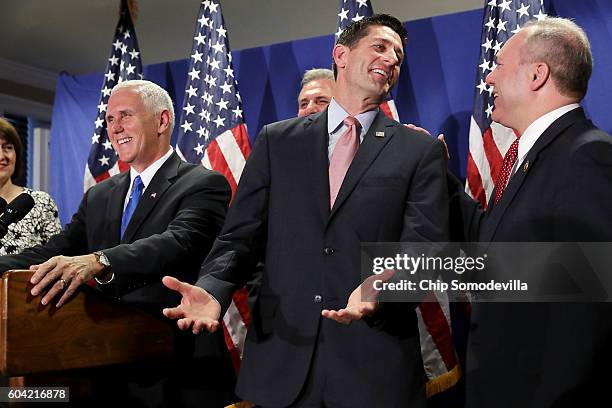 Speaker of the House Paul Ryan reacts to being asked about his previous reluctance to support Donald Trump during a news conference with U.S....