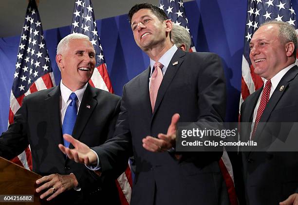 Republican vice presidental candidate Gov. Mike Pence joins Speaker of the House Paul Ryan , House Majority Whip Steve Scalise and other members of...