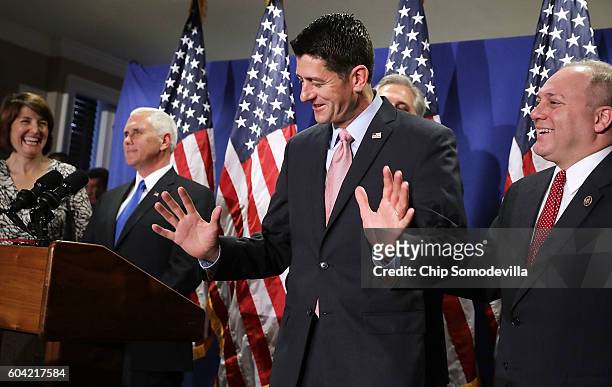 Speaker of the House Paul Ryan reacts to being asked about his previous reluctance to support Donald Trump during a news conference with U.S....