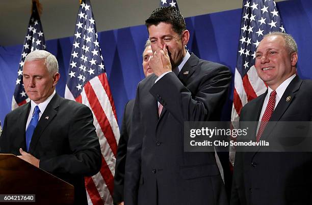 Republican vice presidental nominee Gov. Mike Pence joins Speaker of the House Paul Ryan , House Majority Whip Steve Scalise and other members of the...