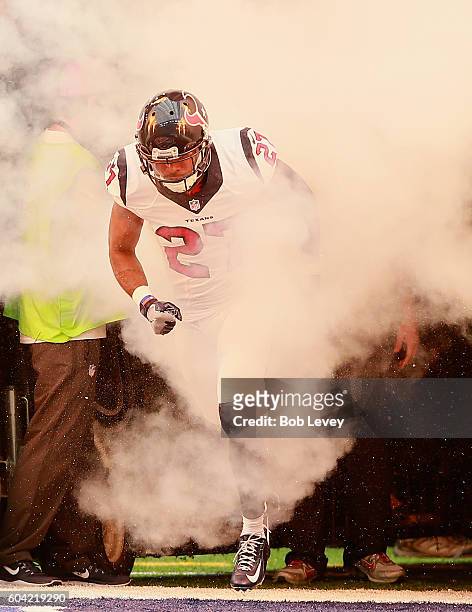 Quintin Demps of the Houston Texans is introduced before before playing the Chicago Bears at NRG Stadium on September 11, 2016 in Houston, Texas.