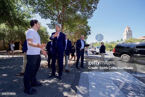 Secretary of State John Kerry chats with Google Co-Founder Sergey Brin after viewing one of Google's self-driving cars at the 2016 Global...