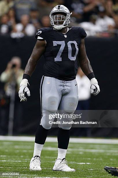 Kelechi Osemele of the Oakland Raiders lines up during a game at Mercedes-Benz Superdome on September 11, 2016 in New Orleans, Louisiana.
