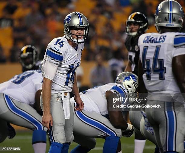 Quarterback Jake Rudock of the Detroit Lions calls out a play from the line of scrimmage during a National Football League preseason game against the...