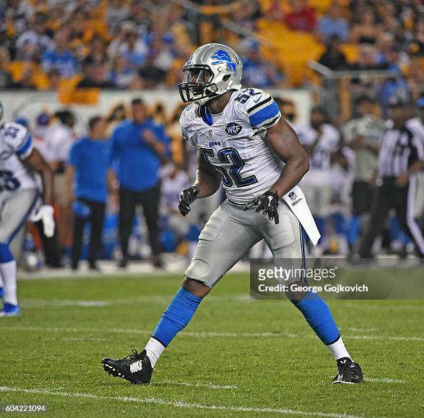 Linebacker Antwione Williams of the Detroit Lions pursues the play during a National Football League preseason game against the Pittsburgh Steelers...