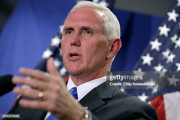 Republican vice presidental nominee Gov. Mike Pence addresses a news conference with House GOP leaders following a conference at Republican...