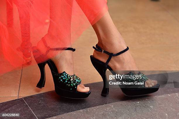 Model poses, shoe detail, for the Anya Caliendo presentation during New York Fashion Week September 2016 at Laduree Soho on September 13, 2016 in New...