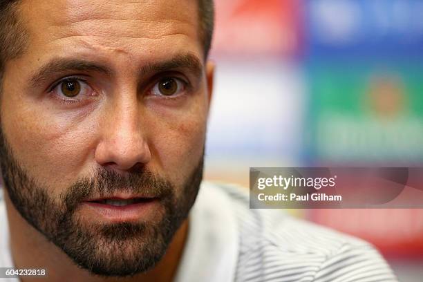 Joao Moutinho of AS Monaco looks on during the AS Monaco press conference ahead of their UEFA Champions League Group E match against Tottenham...