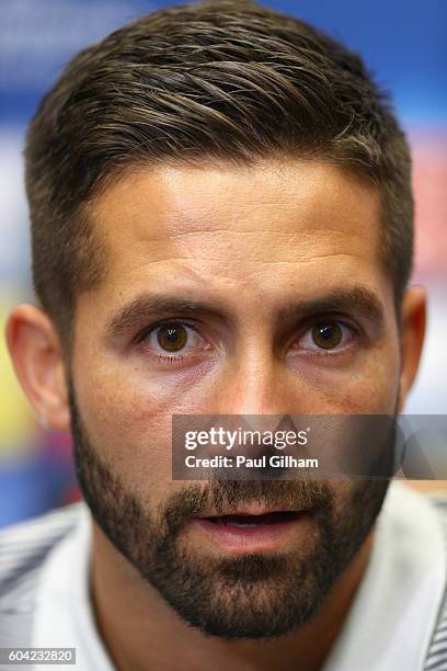 Joao Moutinho of AS Monaco looks on during the AS Monaco press conference ahead of their UEFA Champions League Group E match against Tottenham...