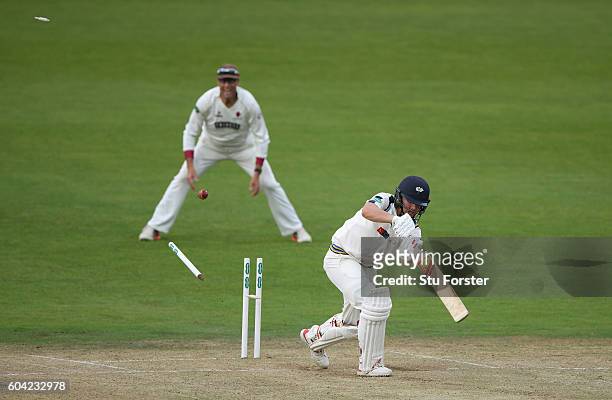Somerset fielder Marcus Trescothick celebrates as Yorkshire batsman Gary Ballance is bowled by Tim Groenewald during day two of the Division One...