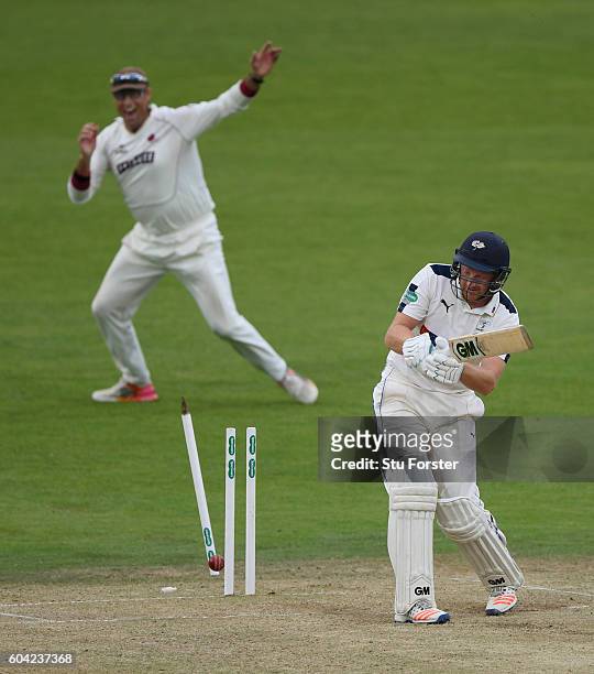 Somerset fielder Marcus Trescothick celebrates as Yorkshire batsman Andrew Gale is bowled by Tim Groenewald during day two of the Division One...