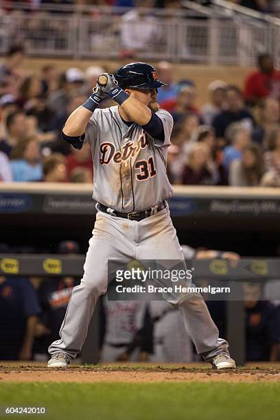 Casey McGehee of the Detroit Tigers bats against the Minnesota Twins on August 24, 2016 at Target Field in Minneapolis, Minnesota. The Tigers...