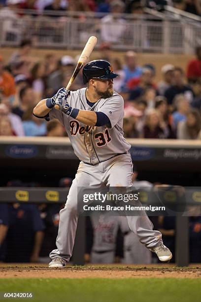 Casey McGehee of the Detroit Tigers bats against the Minnesota Twins on August 24, 2016 at Target Field in Minneapolis, Minnesota. The Tigers...