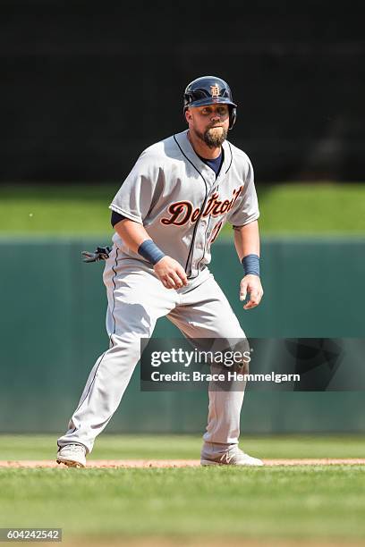 Casey McGehee of the Detroit Tigers runs against the Minnesota Twins on August 25, 2016 at Target Field in Minneapolis, Minnesota. The Tigers...