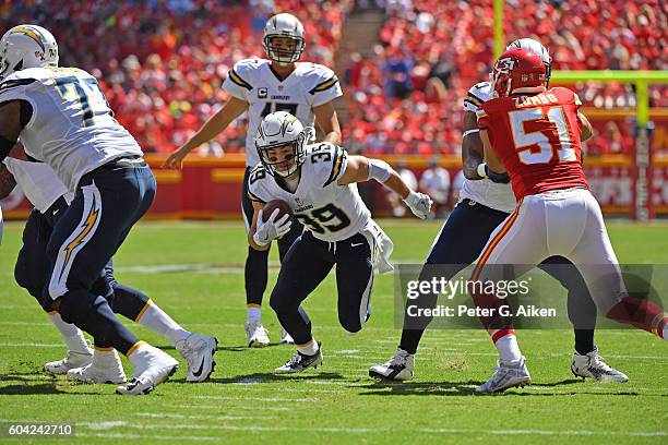 Running back Danny Woodhead of the San Diego Chargers rushes up the middle against the Kansas City Chiefs during the first half on September 11, 2016...