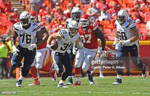 Running back Danny Woodhead of the San Diego Chargers rushes up field against the Kansas City Chiefs during the second half on September 11, 2016 at...