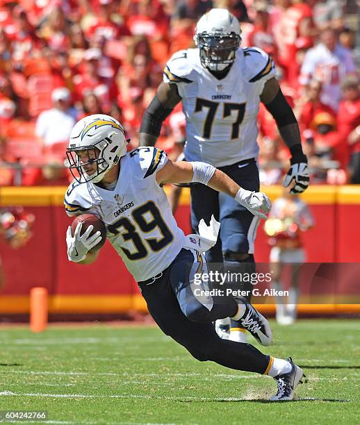 Running back Danny Woodhead of the San Diego Chargers rushes up field against the Kansas City Chiefs during the second half on September 11, 2016 at...