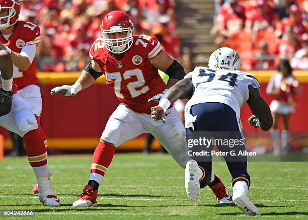 Offensive tackle Eric Fisher of the Kansas City Chiefs gets set on the line against of the San Diego Chargers during the second half on September 11,...