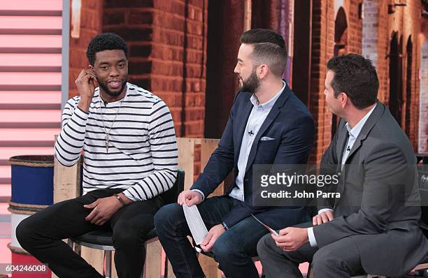 Chadwick Boseman, Francisco Caceres and Diego Schoening are on the set of Telemundo Studio to promote Captain America Civil War on September 13, 2016...
