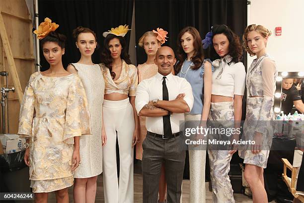 Fashion designer Raul Penaranda poses backstage with models before the Raul Panaranda show during Style360 NYFW September 2016 at Metropolitan West...