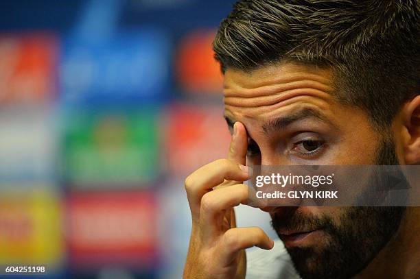 Monaco's Portuguese midfielder Joao Moutinho gives a press conference at Wembley Stadium, north-west London, on September 13, 2016 ahead of their...