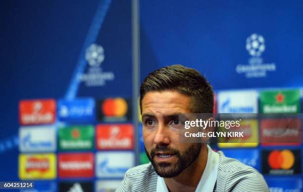 Monaco's Portuguese midfielder Joao Moutinho gives a press conference at Wembley Stadium, north-west London, on September 13, 2016 ahead of their...