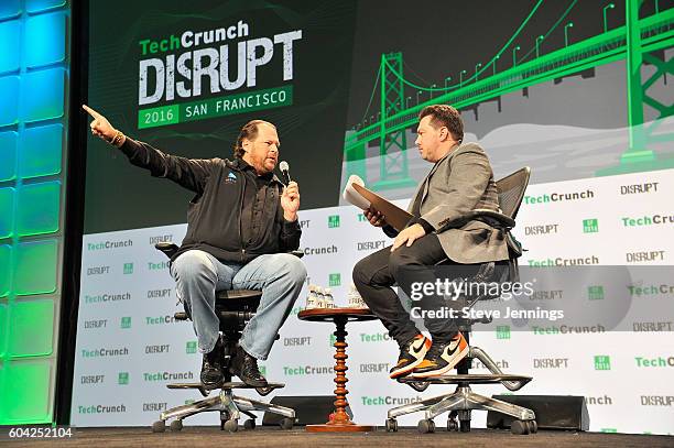 Of Salesforce.com Marc Benioff and moderator Matthew Panzarino speak onstage during TechCrunch Disrupt SF 2016 at Pier 48 on September 13, 2016 in...