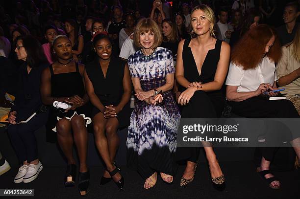 Cynthia Erivo, Simone Biles, Anna Wintour and Maria Sharapova attend the Vera Wang Collection fashion show during New York Fashion Week: The Shows at...