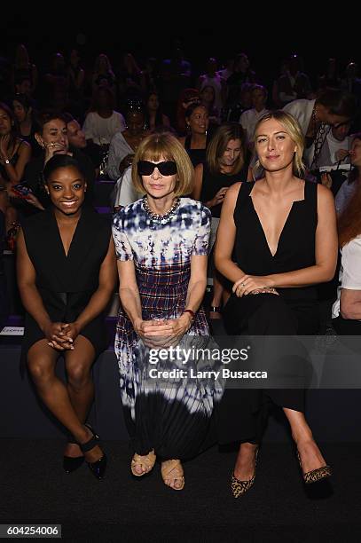 Simone Biles, Anna Wintour and Maria Sharapova attend the Vera Wang Collection fashion show during New York Fashion Week: The Shows at The Arc,...