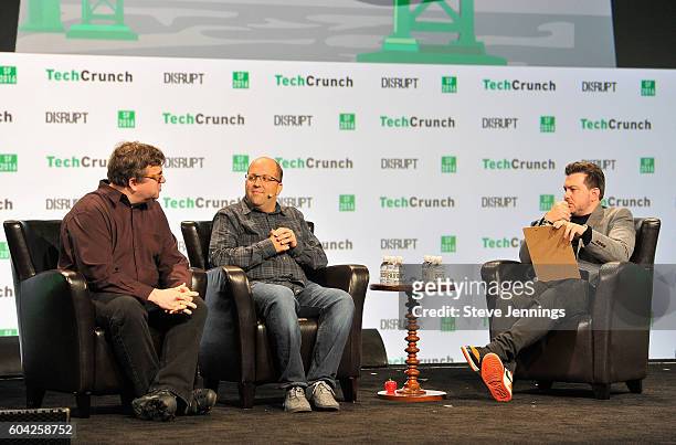 Greylock Partners Investment Partners Reid Hoffman, Josh Elman and moderator Matthew Panzarino speak onstage during TechCrunch Disrupt SF 2016 at...
