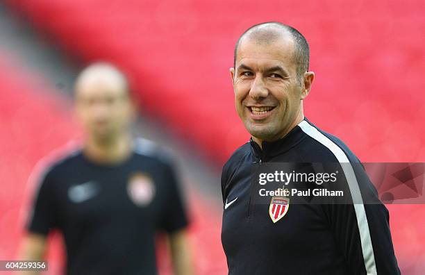 Leonardo Jardim head coach of AS Monaco looks on during the AS Monaco training session ahead of their UEFA Champions League Group E match against...