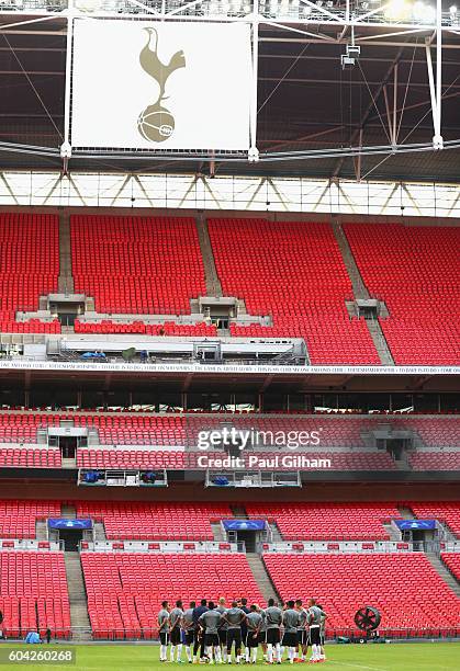 Monaco players look on during the AS Monaco training session ahead of their UEFA Champions League Group E match against Tottenham Hotspur at Wembley...