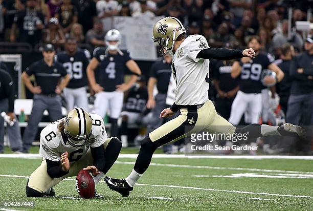 Will Lutz of the New Orleans Saints kicks a field goal during a game against the Oakland Raiders at the Mercedes-Benz Superdome on September 11, 2016...