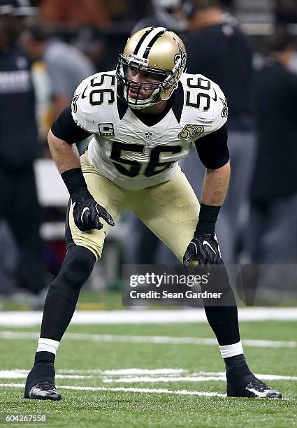 Michael Mauti of the New Orleans Saints stands on the field during a game against the Oakland Raiders at the Mercedes-Benz Superdome on September 11,...