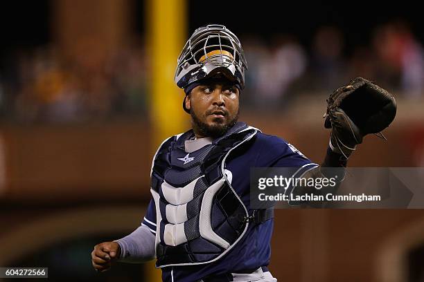 Catcher Hector Sanchez of the San Diego Padres looks on in the fourth inning against the San Francisco Giants at AT&T Park on September 12, 2016 in...