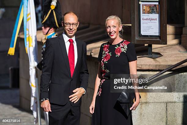 Sofia Arkelsten of the Moderate Party and husband attend a ceremony at Storkyrkan in connection with the opening session of the Swedish parliament on...