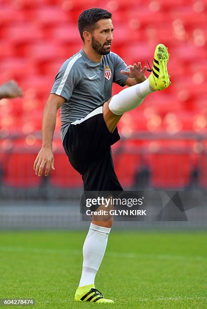 Monaco's Portuguese midfielder Joao Moutinho takes part in a training session at Wembley Stadium, north-west London, on September 13, 2016 ahead of...
