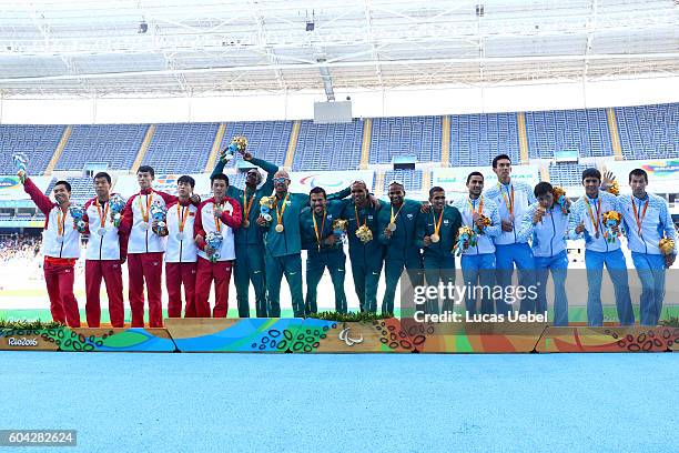 Bronze medalist Miran Sakhatov, Jaloliddin Khamrokulov, Mansur Abdirashidov Doniyor Saliev and Fakhriddin Khamraev of Uzbekistan, Silver medalist...