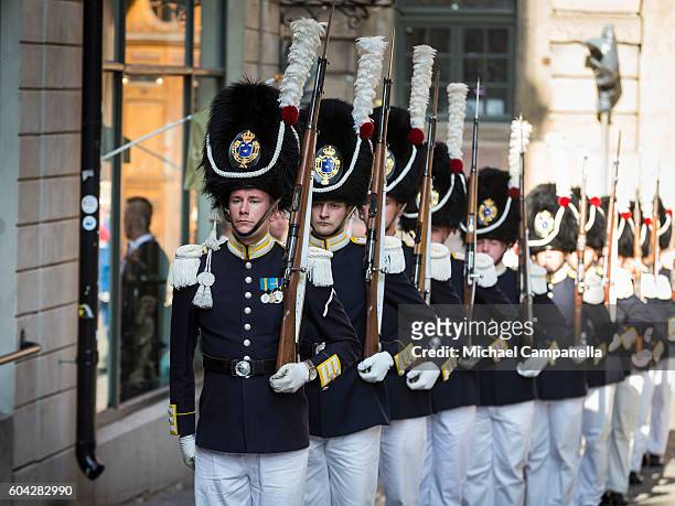 Swedish royal guards prepare for the arrival of the kind at a ceremony at Storkyrkan in connection with the opening session of the Swedish parliament...